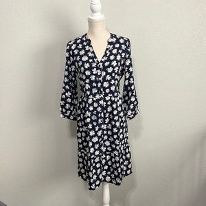 Old Navy Button Tiered Daisy Mid Length Dress Navy Blue Yellow White